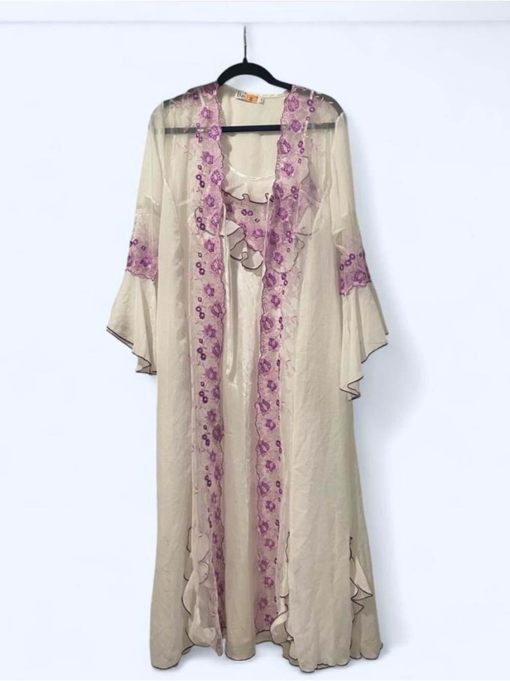 White and Lavender Embroidered Sheer Robe Set - Women's Intimates